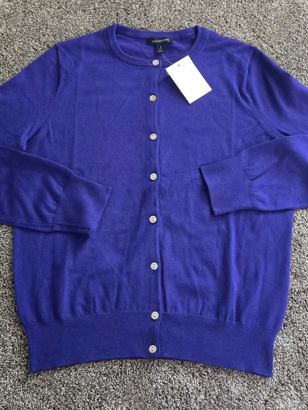 Lands End Royal Blue Crewneck Cotton Blend Cardigan Sweater S